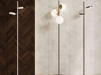 Modern Floor Lamps With Metal Stand Spherical Shades On Herringbone Wood Textured Stone Walls 3d model