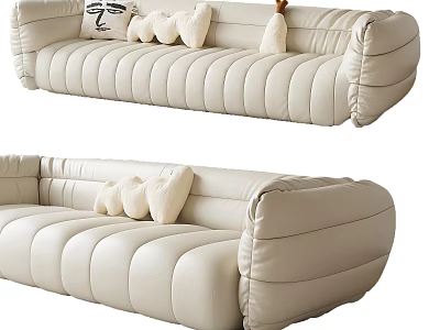 Plush Cream Leather Sectional Sofa With Stitched Design And Decorative Cushions 3d model