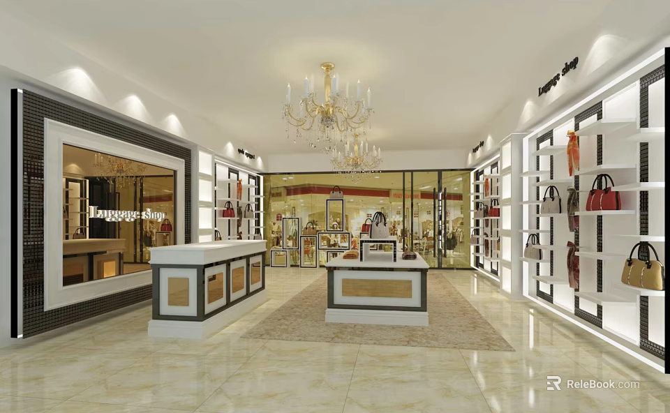 Luxury Boutique Interior With Chandelier Display Cabinets And Designer Bags 3d model 