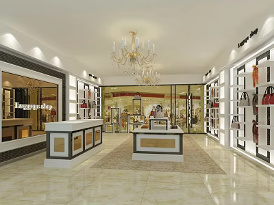 Luxury Boutique Interior With Chandelier Display Cabinets And Designer Bags 3d model