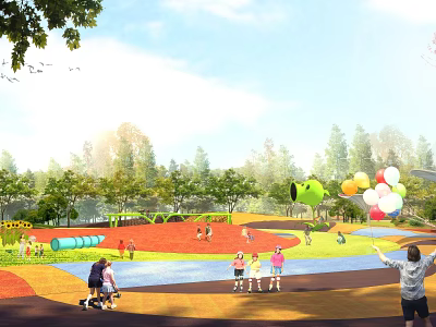 Outdoor Children's Playground With Colorful Ground Kids Playing Slides Trees And Balloons 3d model