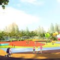Outdoor Children's Playground With Colorful Ground Kids Playing Slides Trees And Balloons