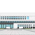 Modern White Office Building Featuring Symmetrical Design Large Windows Greenery And Water Pool In Front
