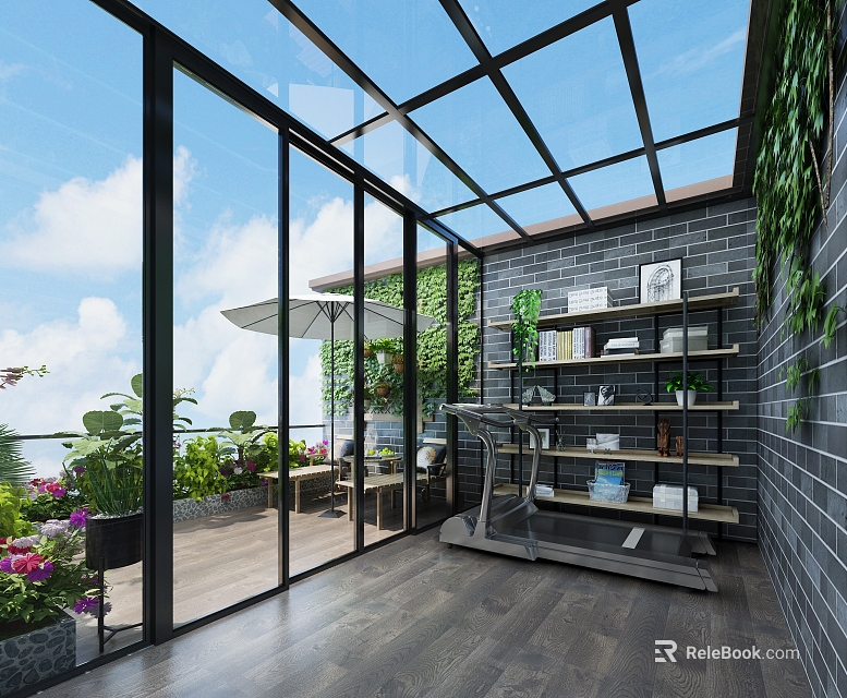 Elegant Glass Roof Garden with Glass Doors Green Walls Shelves Outdoor Tables and Potted Plants 3d model 