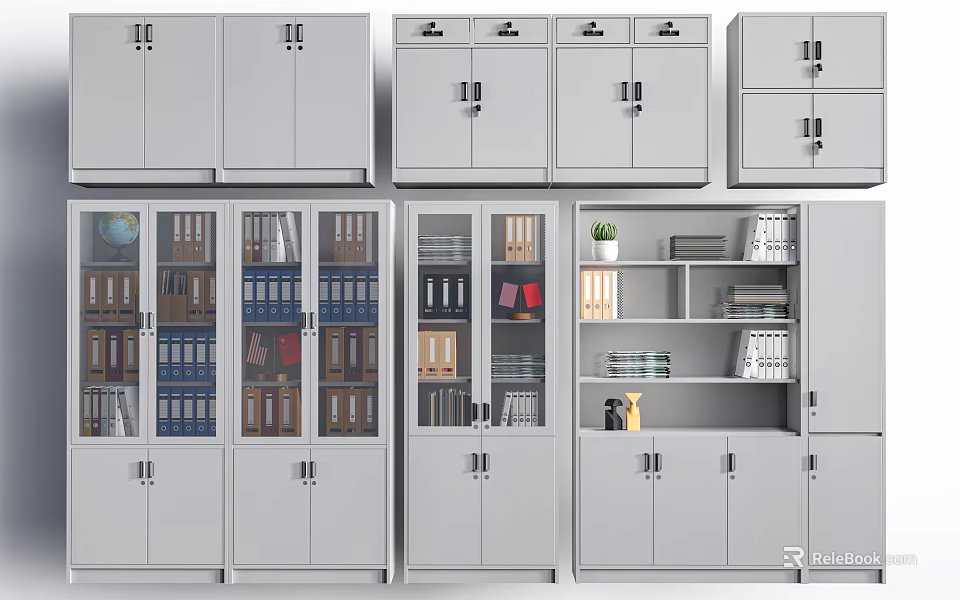 Metal Storage Cabinets With Glass Doors And Drawers For Office File And Book Storage 3d model 