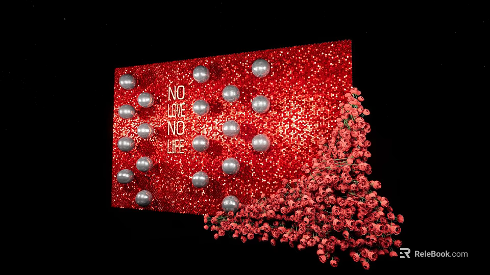 Red Glitter Photo Check In Spot With Silver Spheres And Red Flowers 3d model 