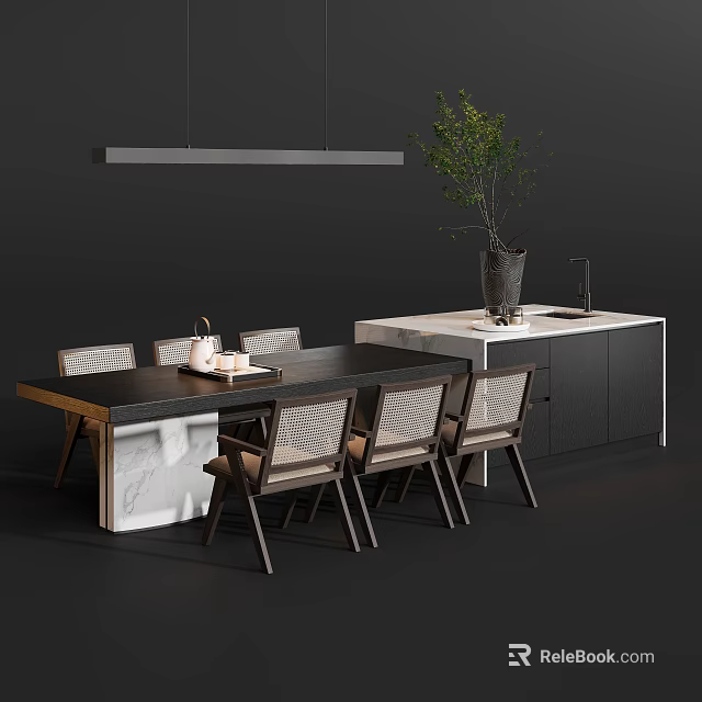 Contemporary Dining Table Combination With Rattan Chairs And Marble Island For Elegant Home Dining Spaces 3d model 