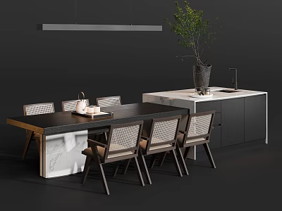 Contemporary Dining Table Combination With Rattan Chairs And Marble Island For Elegant Home Dining Spaces 3d model