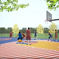 Outdoor Basketball Court With Players Playing Under Clear Sky And Trees 3d model