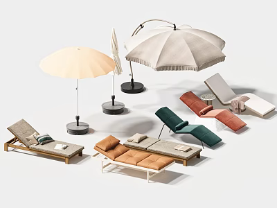 Modern Outdoor Chairs With Wooden Frames Umbrella And Colorful Fabric Seats 3d model