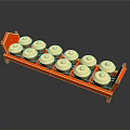 Red Industrial Equipment Storage Rack With Multiple Golden Circular Components
