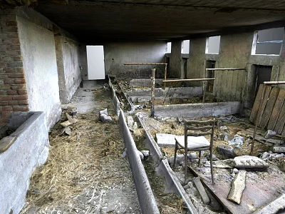 Abandoned Pigsty Interior With Dilapidated Structure Hay Debris And Wooden Fences 3d model
