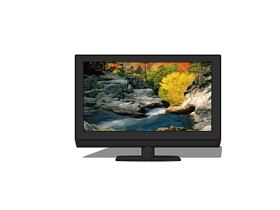 Black Flat Screen Television Displaying Autumn Natural Scenery With Rocks Stream And Yellow Tree 3d model