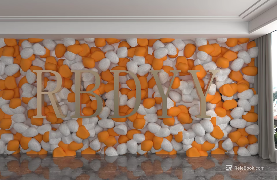 Decorative Pebble Wall with Orange and White Pebbles and Golden Letters RBDYY Design 3d model 