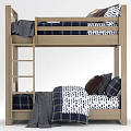 Wooden Bunk Bed With Plaid Bedding And Side Ladder Mattress Design