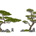 Pair of Decorative Arbor Trees With Unique Branch Structure Rocks And Small Statue