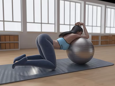 Woman Exercising With Fitness Ball In Gym Studio Wearing Blue Sports Bra And Gray Leggings 3d model