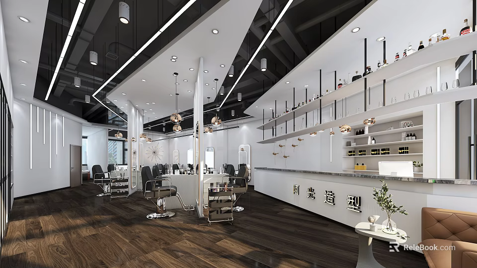 Modern Hair Salon Interior With Stylish Chairs Wooden Flooring And Product Shelves 3d model 