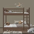 Wooden Bunk Bed with Upper Lower Mattresses Cloud Moon Stars Wall Decor Pillows Stuffed Toys