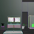 Modern Washbasin With Double Round Mirrors Gold Faucets And Green Plant In Green Wall Bathroom