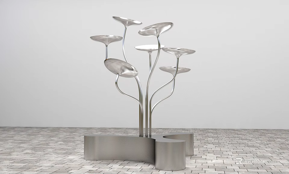 Stainless Steel Tree Like Sculpture With Petal Shaped Leaves Slender Stems And Metal Base 3d model 