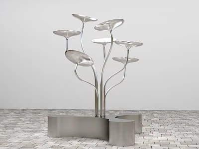 Stainless Steel Tree Like Sculpture With Petal Shaped Leaves Slender Stems And Metal Base 3d model