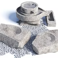 Traditional Stone Mill Setup With Two Millstones And Scattered Small Stones 3d model