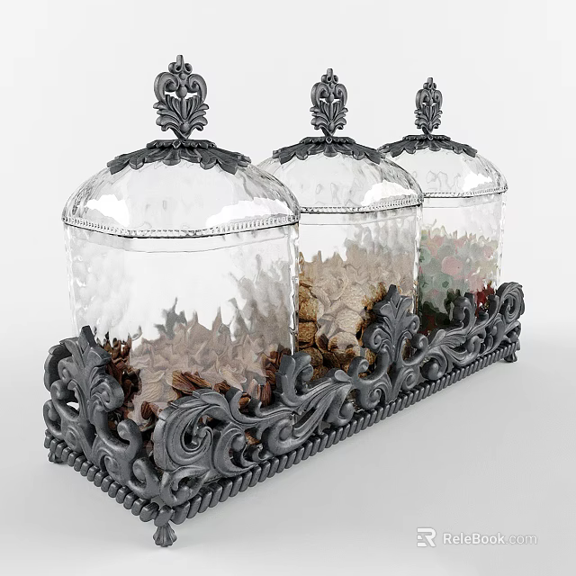 Three Glass Spice Jars with Decorative Lids on Ornate Metal Stand Containing Dried Spices 3d model 