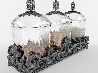 Three Glass Spice Jars with Decorative Lids on Ornate Metal Stand Containing Dried Spices 3d model