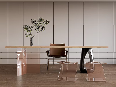 Modern Wooden Desk With Black Metal Legs Transparent Stools And Green Plant 3d model