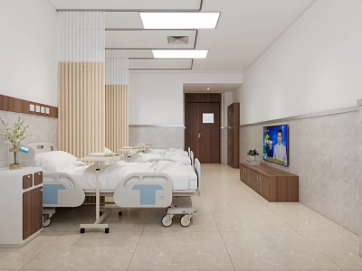 Hospital Ward Interior With Two Beds TV Wooden Cabinets And Lighting 3d model