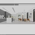 Modern Minimalist Open Concept Dining And Living Space With Integrated Kitchen And Stylish Pendant Light