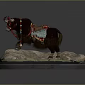 Decorative Yak Model With Colorful Beads Saddle On Rock Grass Base