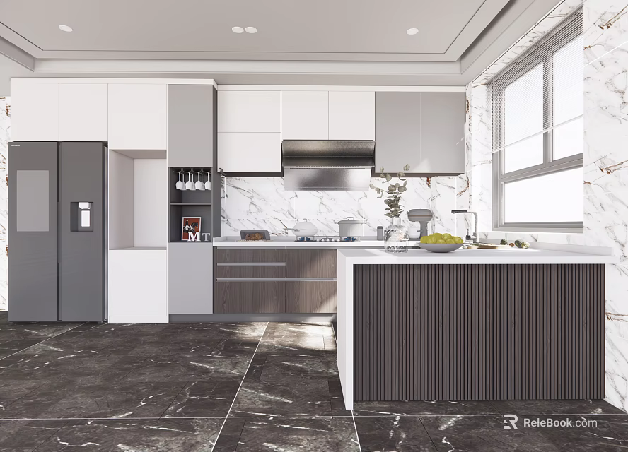 Modern Kitchen Interior Design With Marble Island Counter Cabinets And Large Window 3d model