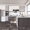 Modern Kitchen Interior Design With Marble Island Counter Cabinets And Large Window 3d model