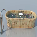 Bathroom Hinged Door Design With Wooden Bathtub Flower Petals And Faucet