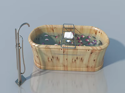 Bathroom Hinged Door Design With Wooden Bathtub Flower Petals And Faucet 3d model