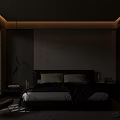 Modern Bedroom Interior With King Bed Headboard Accent Chair Area Rug And Window Blinds