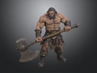 Muscular Bearded Man Holding Large Battle Axe With Strong Build And Warrior Look 3d model