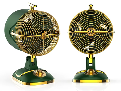 Vintage Green Gold Table Fans with Metal Mesh Grills and Elegant Retro Design 3d model