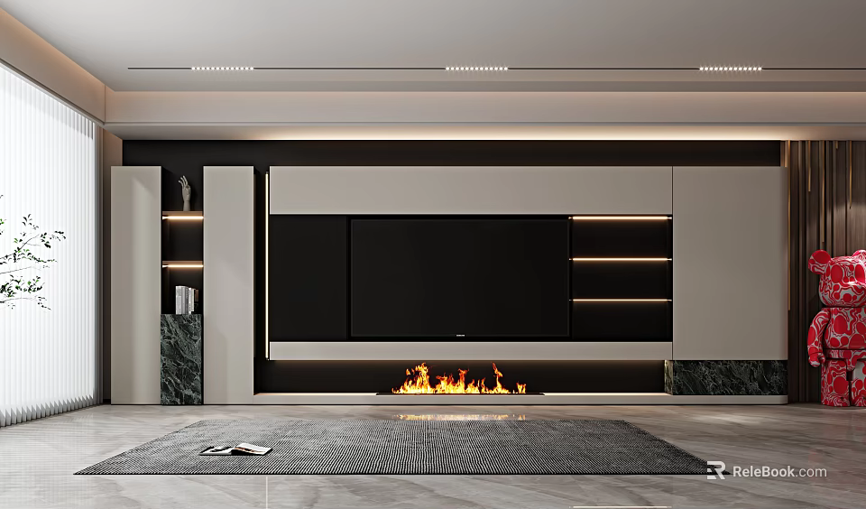 Modern Living Room Wall Design With Built In TV Fireplace And Lighting 3d model 