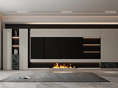 Modern Living Room Wall Design With Built In TV Fireplace And Lighting 3d model