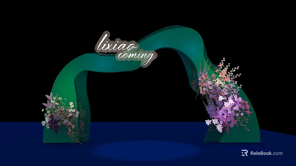 Green Event Gateway Arch With Purple Pink Floral Decorations And Lixiao Coming Lettering 3d model 