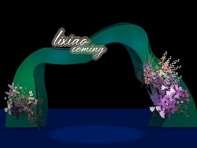 Green Event Gateway Arch With Purple Pink Floral Decorations And Lixiao Coming Lettering 3d model