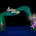 Green Event Gateway Arch With Purple Pink Floral Decorations And Lixiao Coming Lettering