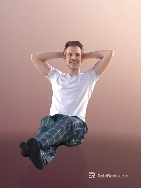 Man sitting with hands behind head in white t-shirt and plaid pajamas on pink background 3d model 