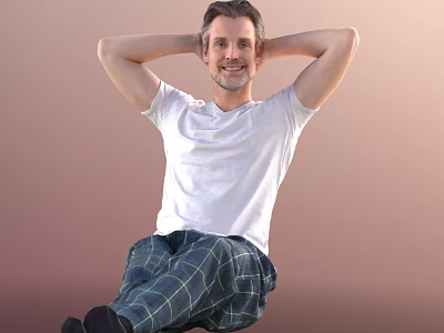 Man sitting with hands behind head in white t-shirt and plaid pajamas on pink background 3d model