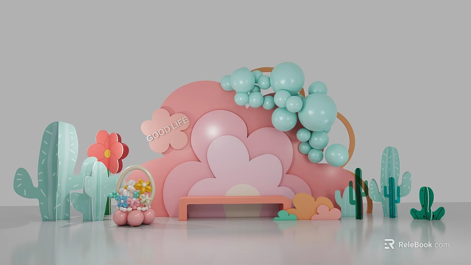 Decorative Scene With Pink Flowers Light Blue Balloons Green Cacti And Pink Bench 3d model 