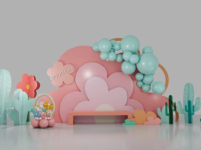 Decorative Scene With Pink Flowers Light Blue Balloons Green Cacti And Pink Bench 3d model