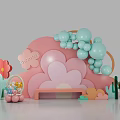 Decorative Scene With Pink Flowers Light Blue Balloons Green Cacti And Pink Bench